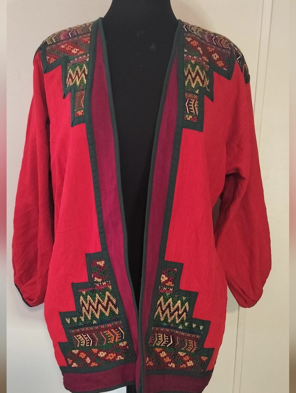 Embroidered Open-Front Red Women's Jacket
